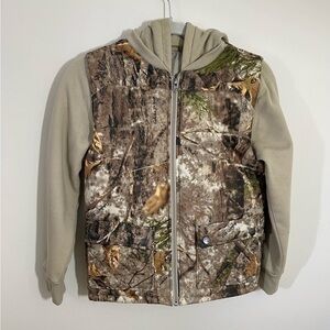 Cabelas sz med youth size camel /fleece hoodie jacket mix media zip off sleeve